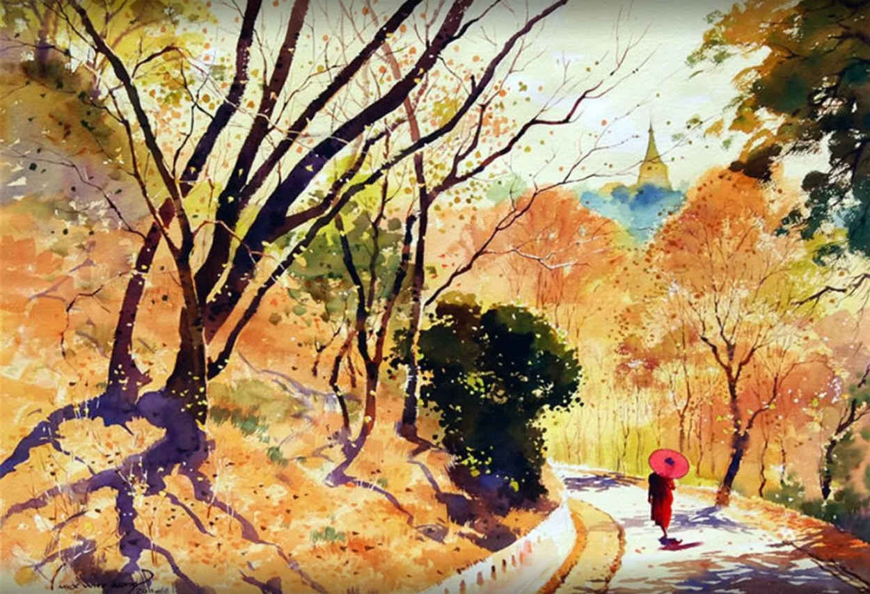 Осенний пейзаж акварелью